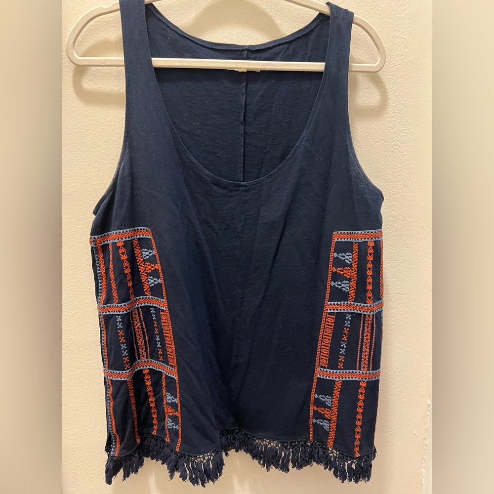 Navy madewell tank top with cross stitch detail on the side and fringe
